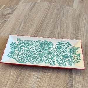 The Pioneer Woman Tray with Teal Floral Pattern and Red Scalloped Edge